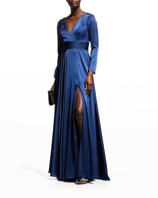 Ieena for Mac Duggal V-Neck Long-Sleeve Satin Thigh-Slit Gown | Neiman  Marcus