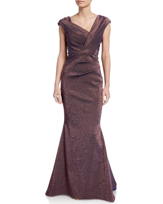 Talbot Runhof Iridescent Gazar V-Neck Gown | Neiman Marcus