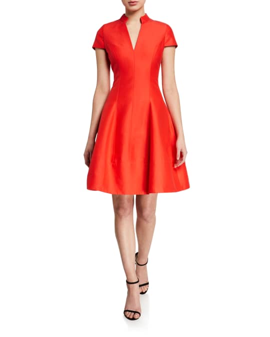 Halston V-Neck Cap-Sleeve Silk Faille Dress w/ Mandarin Collar | Neiman ...