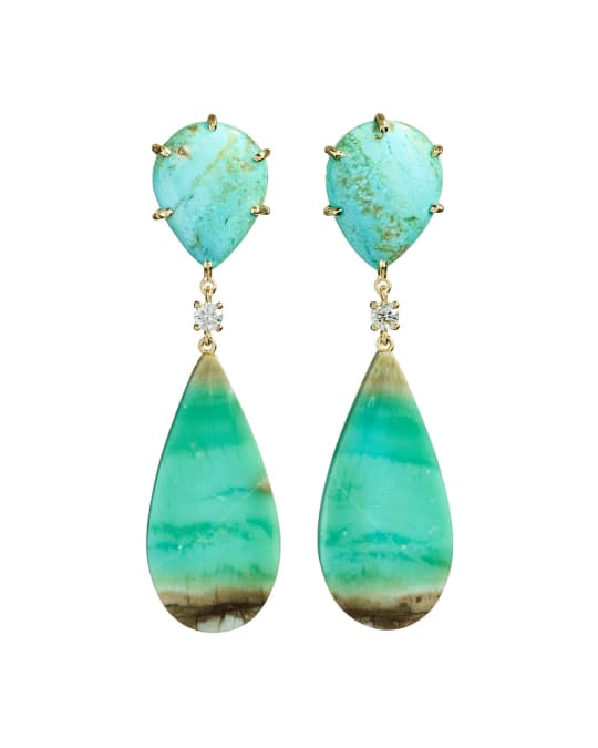 18k Bespoke 2-Tier One-of-a-Kind Luxury Earrings w/ Turquoise, Blue Opal Petrified Wood & Diamonds