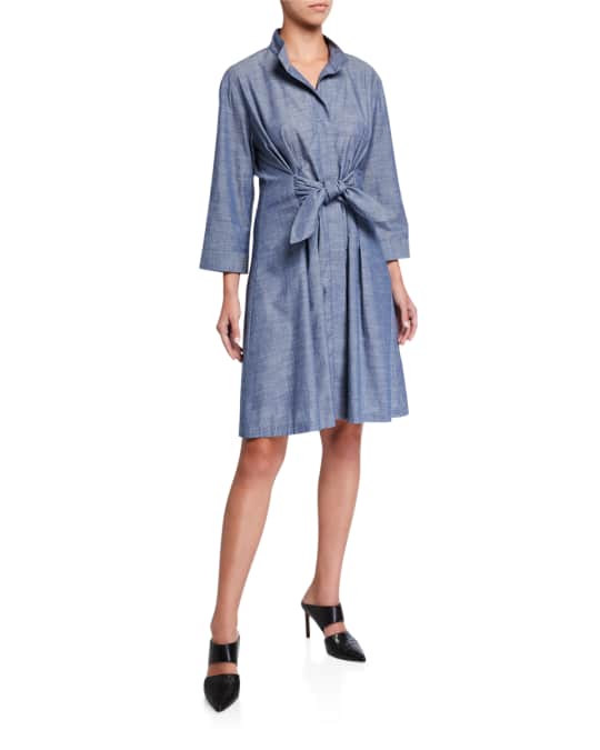 Finley Rocky Tie-Front 3/4-Sleeve Chambray Dress | Neiman Marcus