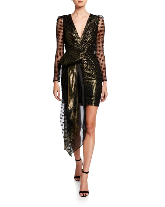 Haney Simone Metallic V-Neck Long-Sleeve Drape Front Mini Dress ...