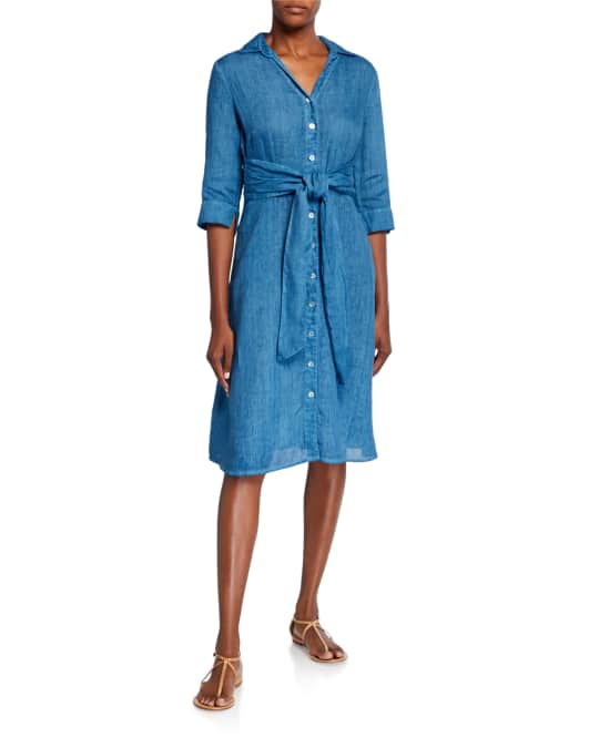 120% Lino Tie-Waist 3/4-Sleeve Button-Front Shirt Dress | Neiman Marcus