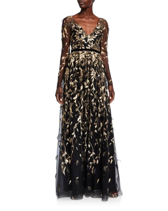 Marchesa Notte V Neck Long Sleeve Metallic Embroidered Gown w 3D Leaflets Neiman Marcus