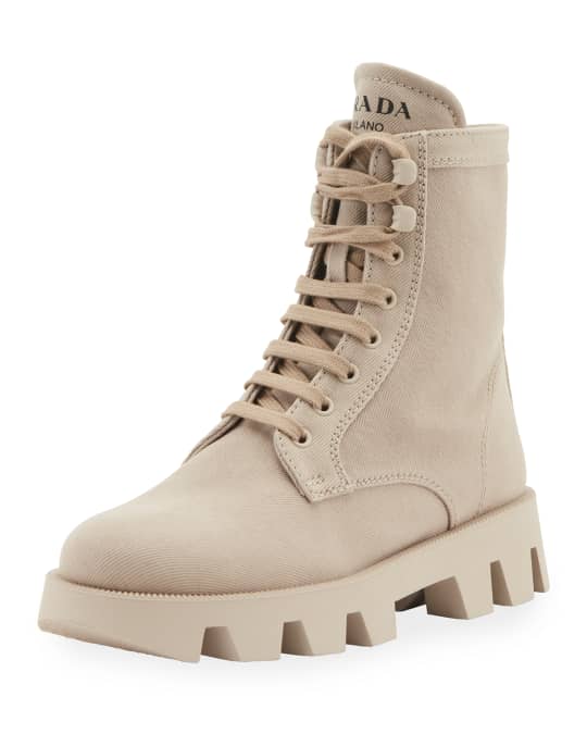 Prada Lug-Sole Canvas Combat Boots | Neiman Marcus