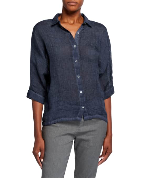 3/4-Sleeve Jersey Back Collared Linen Shirt