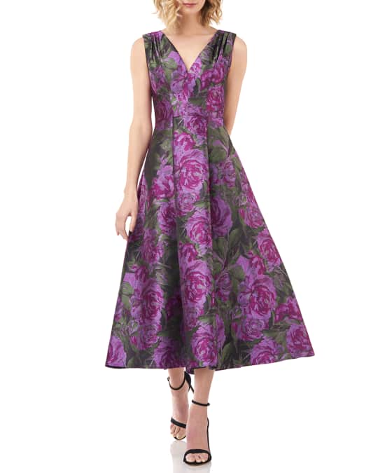 Kay Unger New York Lena Floral Jacquard V-Neck Sleeveless Midi Dress ...