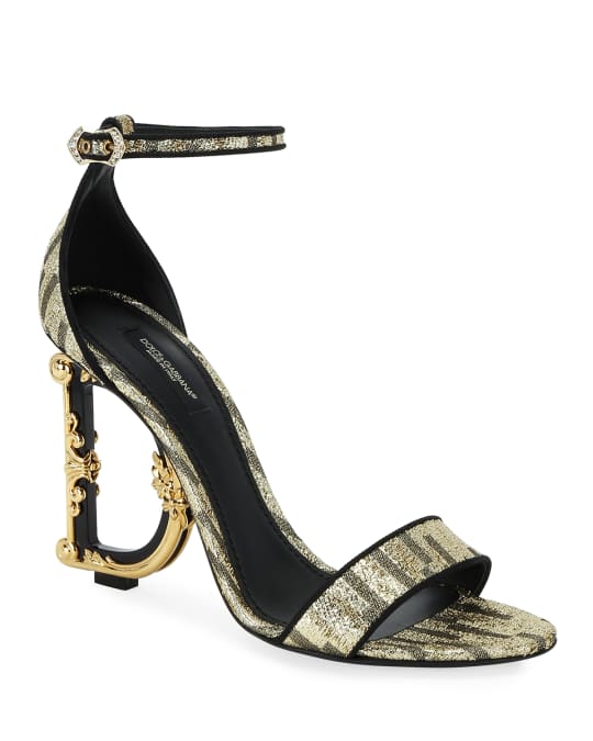 Dolce&Gabbana Metallic Fabric Sandals with Logo Heel | Neiman Marcus