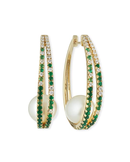 14k Emerald & Diamond Hoop Earrings w/ Pearls