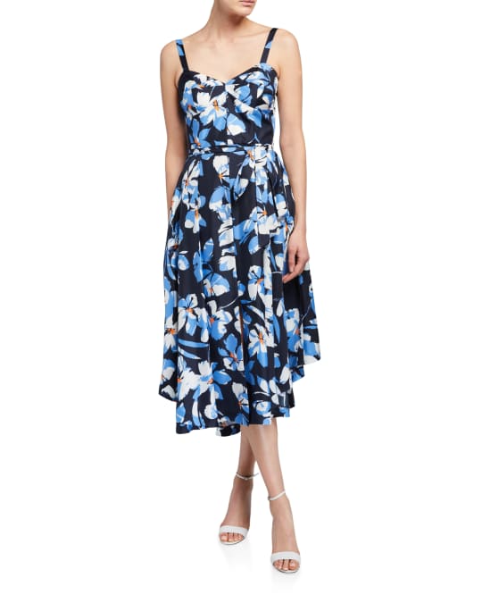 Milly Hibiscus Print Silk Twill Bustier Midi Dress | Neiman Marcus