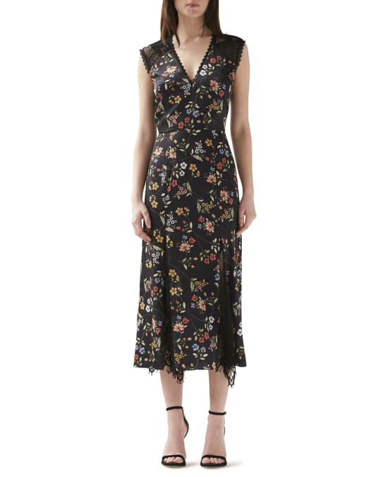 ML Monique Lhuillier V-Neck Floral-Print Sleeveless Dress w/ Lace Godet ...