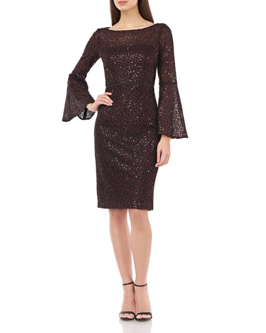 Carmen Marc Valvo Infusion Sequin Crepe Trumpet Sleeve Sheath