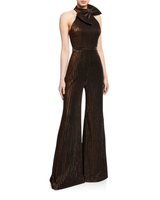 Jovani High-Neck Flare-Leg Jumpsuit with Bow Detail | Neiman Marcus