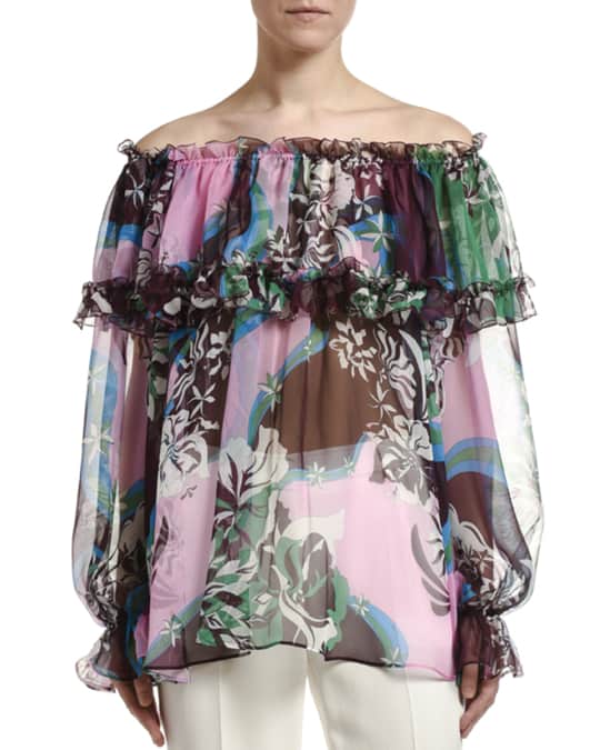 Floral-Print Ruffled Silk Off-the-Shoulder Blouse