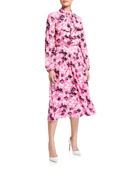 No. 21 Long-Sleeve Floral Tie-Neck Midi Dress | Neiman Marcus