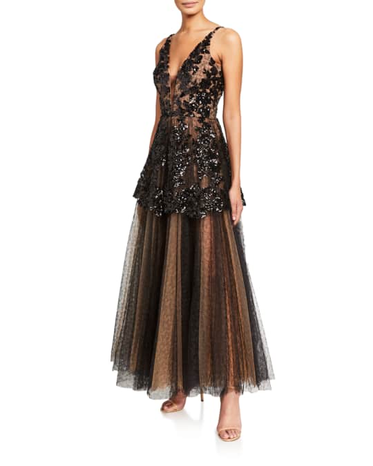 Dress The Population Rachelle Sequin Embroidered Cami Gown w/ Tulle ...