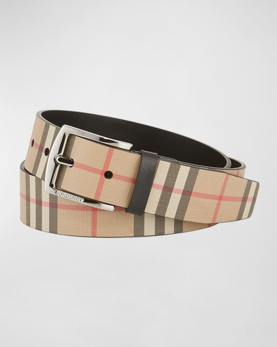 Reversible Vintage Check and Leather Belt in Archive Beige/gold - Men