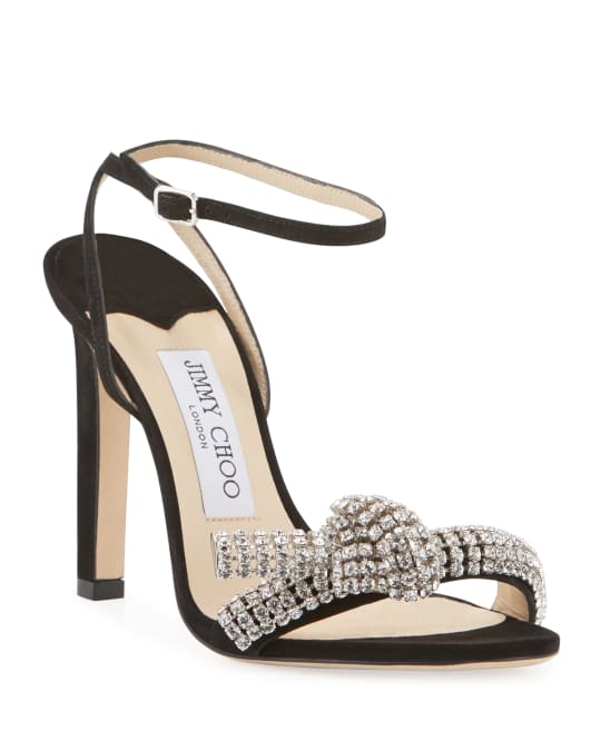 Jimmy Choo Thyra 100mm Suede Sandals With Crystal Knot | Neiman Marcus