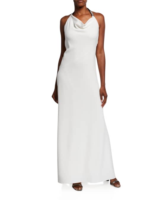 Brunello Cucinelli Silk Cady Cowl-Neck Halter Gown, White | Neiman Marcus