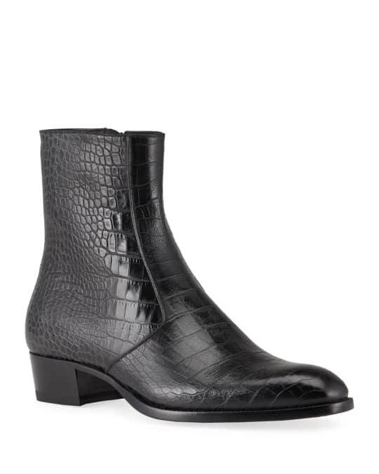 Saint Laurent Men's Wyatt Croc-Embossed Leather Side-Zip Boots