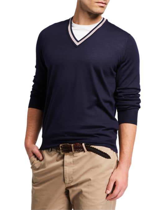 Brunello Cucinelli Men's Solid Tipped V-Neck Sweater | Neiman Marcus