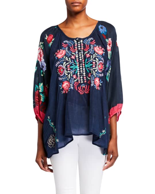 Johnny Was Plus Size Rosey Embroidered Floral Print Blouse | Neiman Marcus