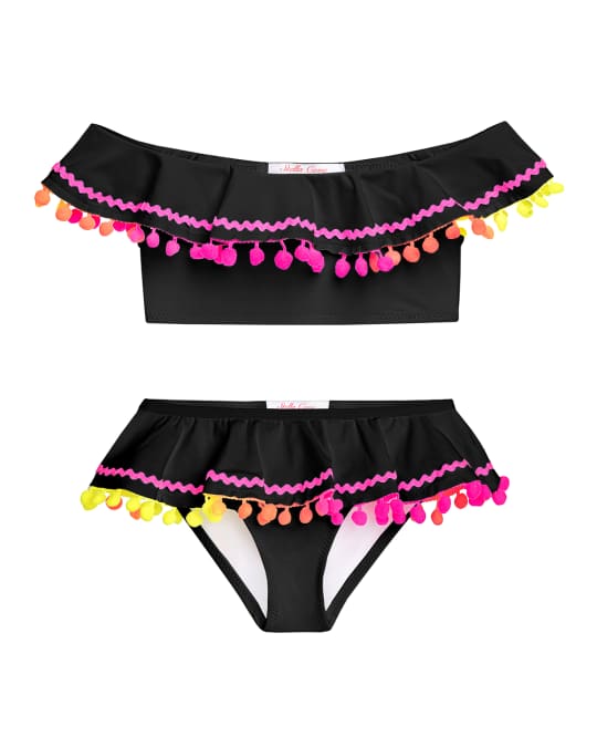 Stella Cove Girl's Neon Ric Rac Pompom Ruffle TwoPiece Bikini Set