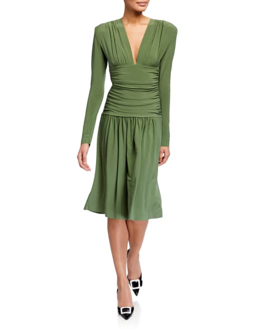 Norma Kamali V-Neck Long-Sleeve Shirred-Waist Dress w/ Shoulder Pads ...