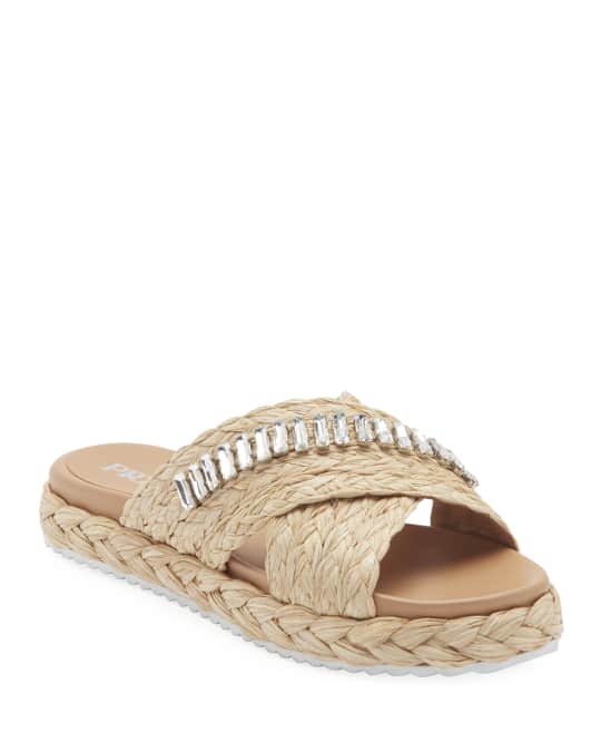 Prada Flat Jeweled Raffia Slide Sandals | Neiman Marcus