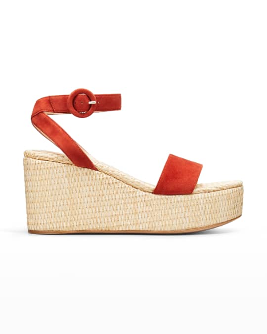 【Gianvito Rossi】スエード wedgeミュール Gianvito Rossi 45mm Suede Raffia Wedge Sandals | Neiman Marcus