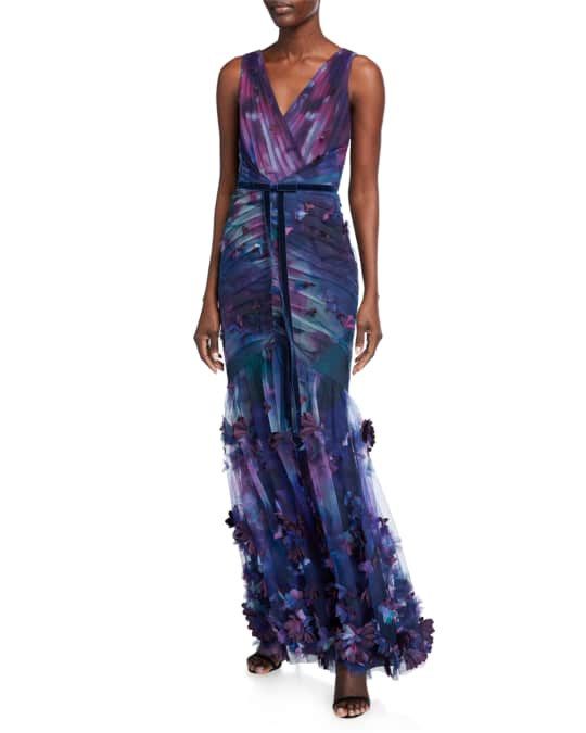 Sleeveless Printed Tulle Fit-&-Flare Gown w/ 3D Flowers