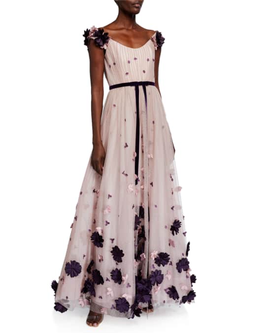 Marchesa Notte Off-the-Shoulder Point d'Esprit Draped Gown w/ 3D ...