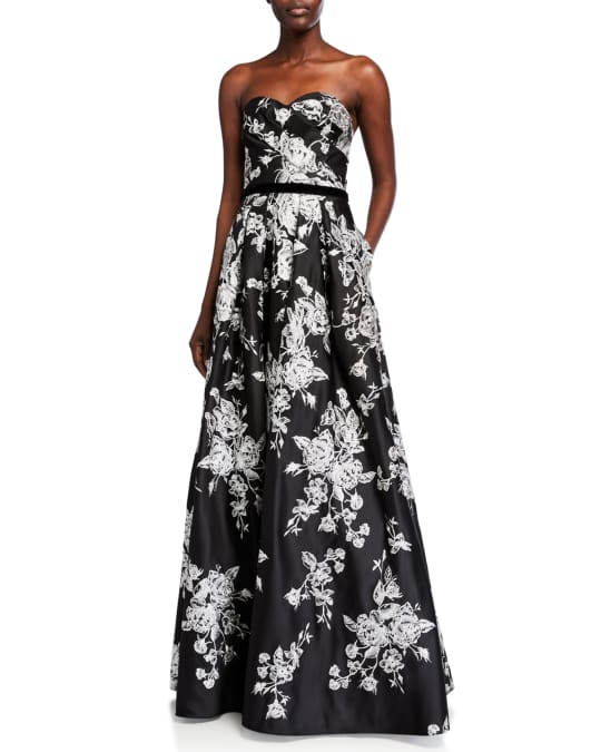 Marchesa Notte Strapless Draped Sweetheart Embroidered Satin Ball