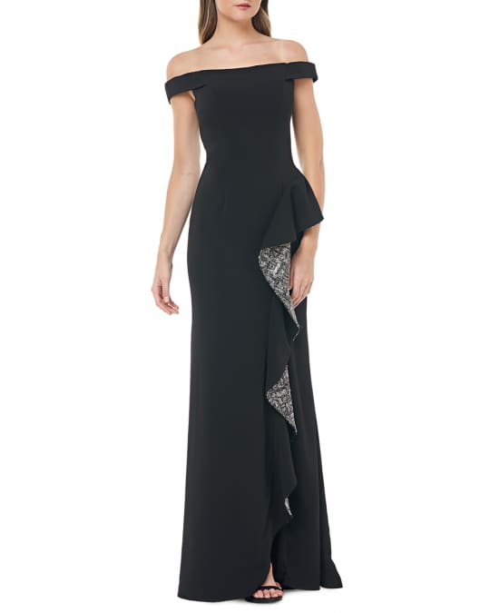 Carmen marc valvo infusion ruffle deals off the shoulder gown