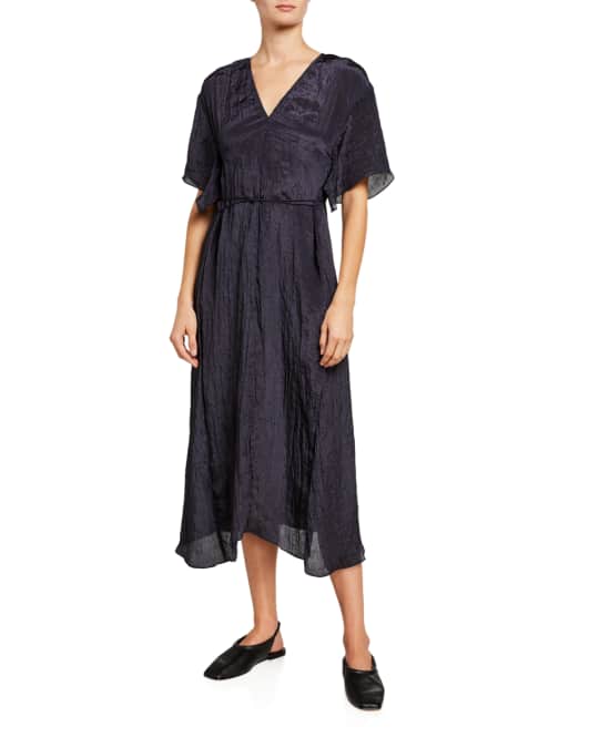 Vince V-Neck Short-Sleeve Textured Midi Dress | Neiman Marcus