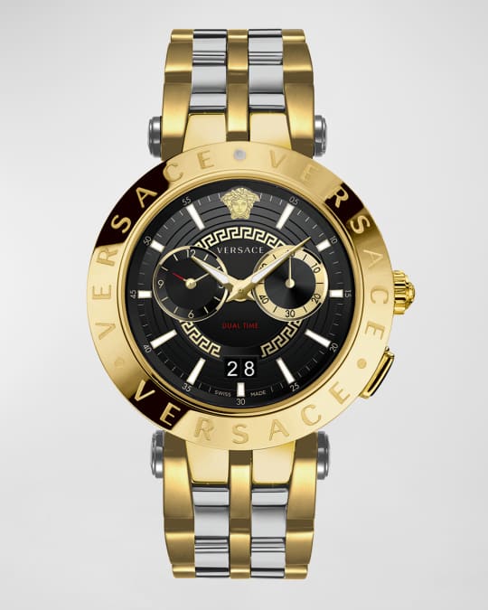 Men s 46mm Medusa Greek Key IP Gold Bracelet Watch