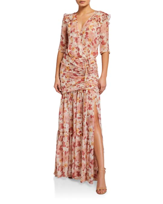 Veronica Beard Mick Ruched Floral-Print Long Dress | Neiman Marcus