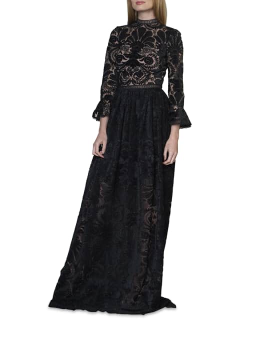 ML Monique Lhuillier 3/4-Sleeve Printed Velvet Gown | Neiman Marcus