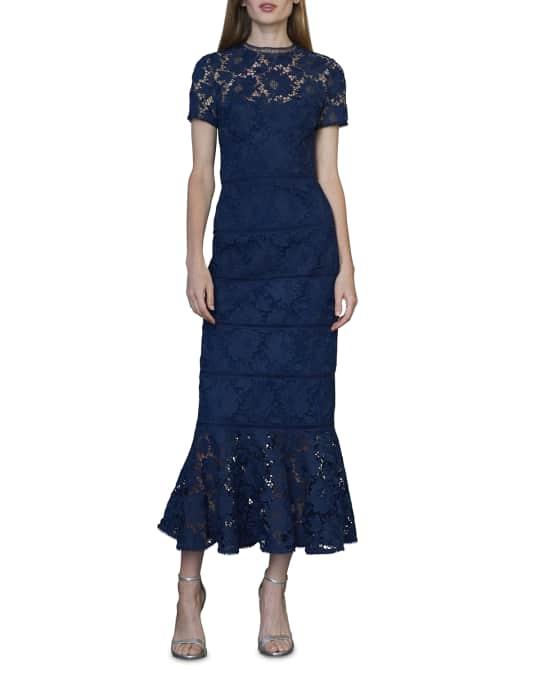 ML Monique Lhuillier Short-Sleeve Flounce-Hem Lace Midi Dress | Neiman  Marcus