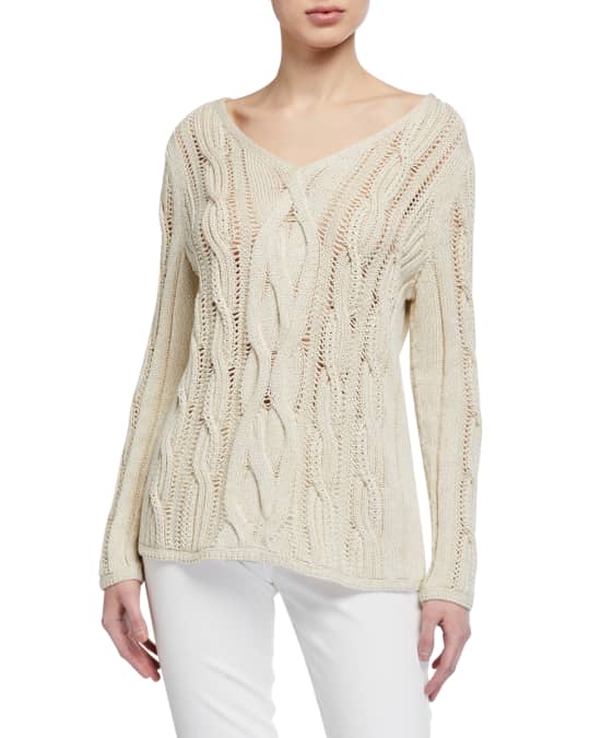 Lafayette 148 New York Cotton-Silk Cable-Knit V-Neck Sweater | Neiman ...