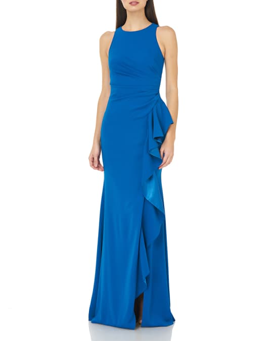 Carmen Marc Valvo Infusion Crepe Halter Gown with Side Ruffle | Neiman ...