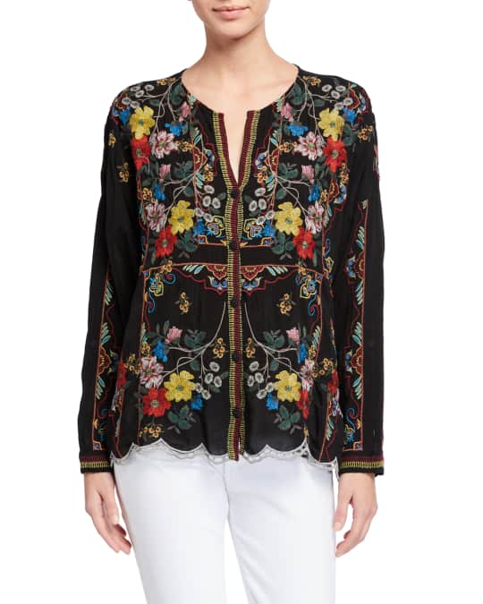 Johnny Was Plus Size Cabo Embroidered Button-Down Scallop-Edge Blouse ...