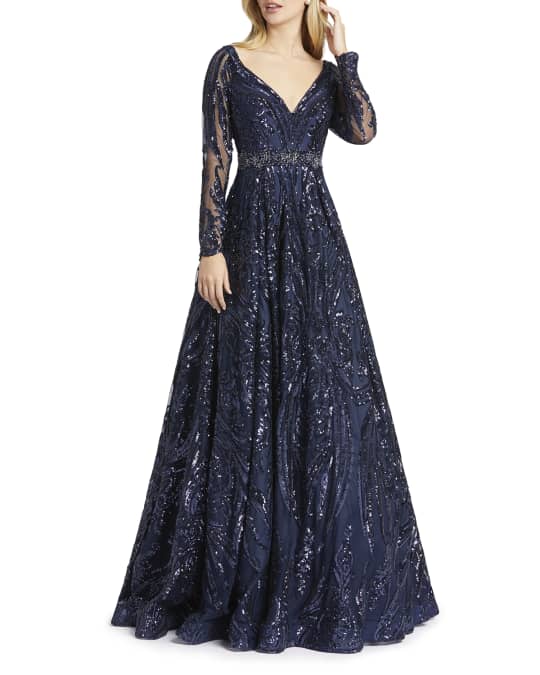 Mac Duggal Sequin Damask Pattern Long-Sleeve Ball Gown | Neiman Marcus