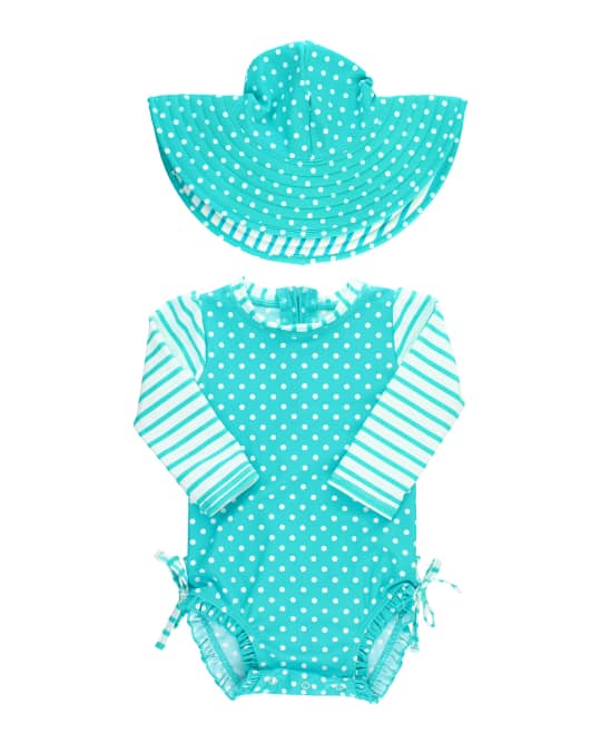 RuffleButts PolkaDot Ruffle Swimsuit with Matching Hat, Size 024