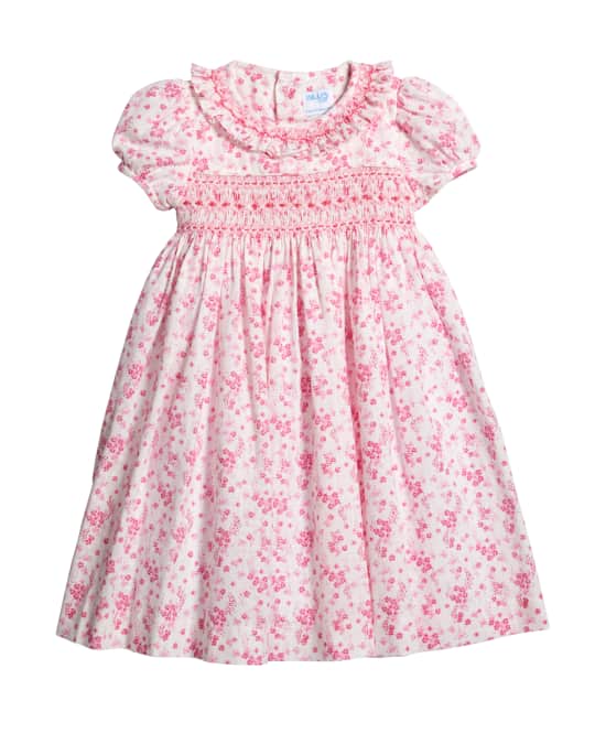 Luli & Me Coral Floral-Print Smocked Dress, Size 4T-3 | Neiman Marcus
