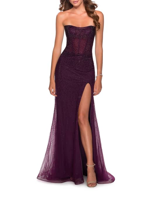 La Femme Strapless Beaded Tulle Dress with Thigh Slit | Neiman Marcus