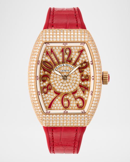 Franck Muller 35mm 18K Rose Gold Vanguard Diamond Watch with Red ...