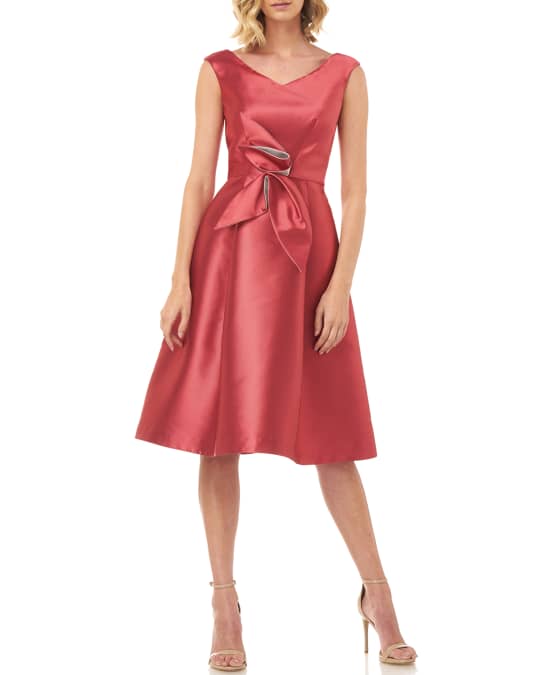 Kay Unger New York Chloe V-Neck Lola Twill Jacquard Dress w/ 3D Flower ...