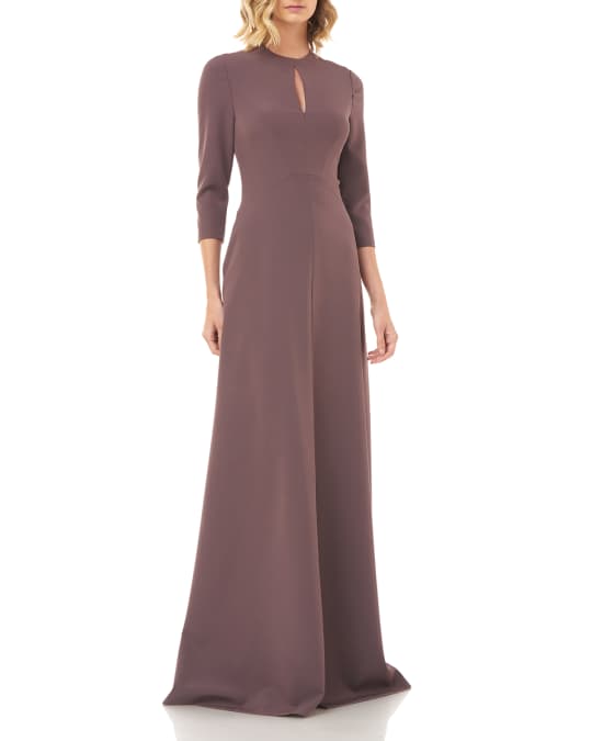 Kay Unger New York Hannah Jewel-Neck 3/4-Sleeve Stretch Crepe Gown ...