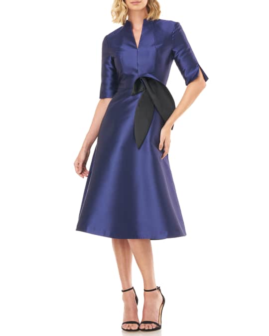 Kay Unger New York Vanessa Lola Twill Jacquard Elbow-Sleeve Dress w/ 3D ...